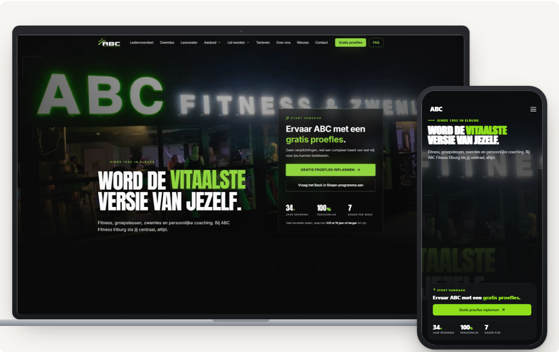 ABC Fitness & Zwemmen website op desktop en mobiel