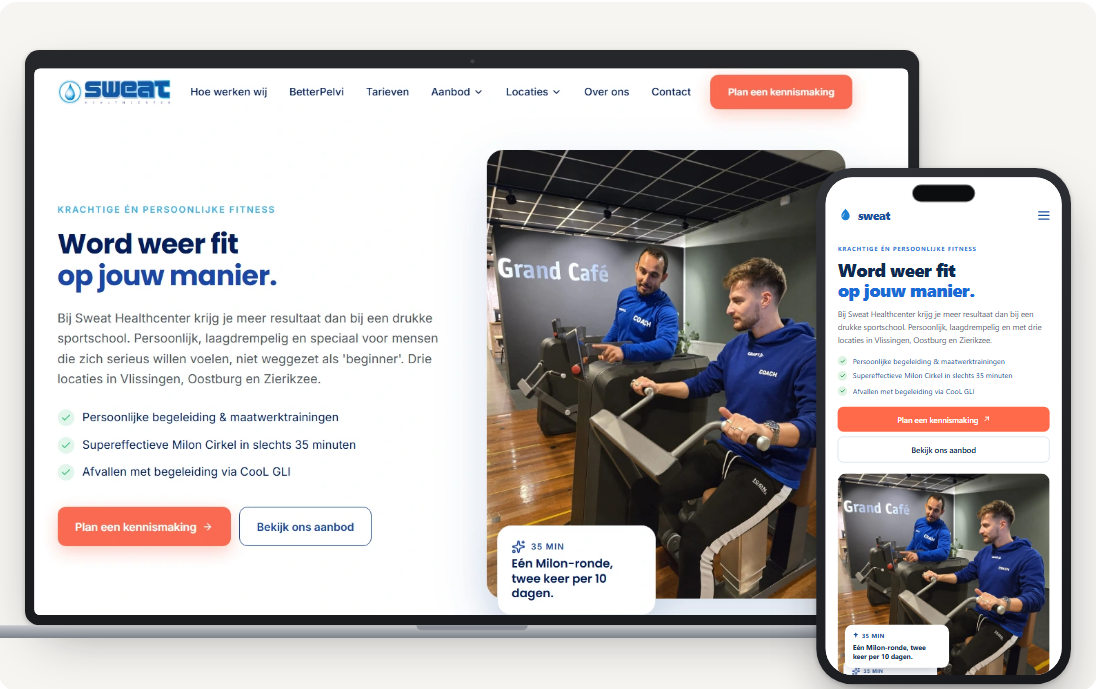 Sweat Healthcenter website op desktop en mobiel